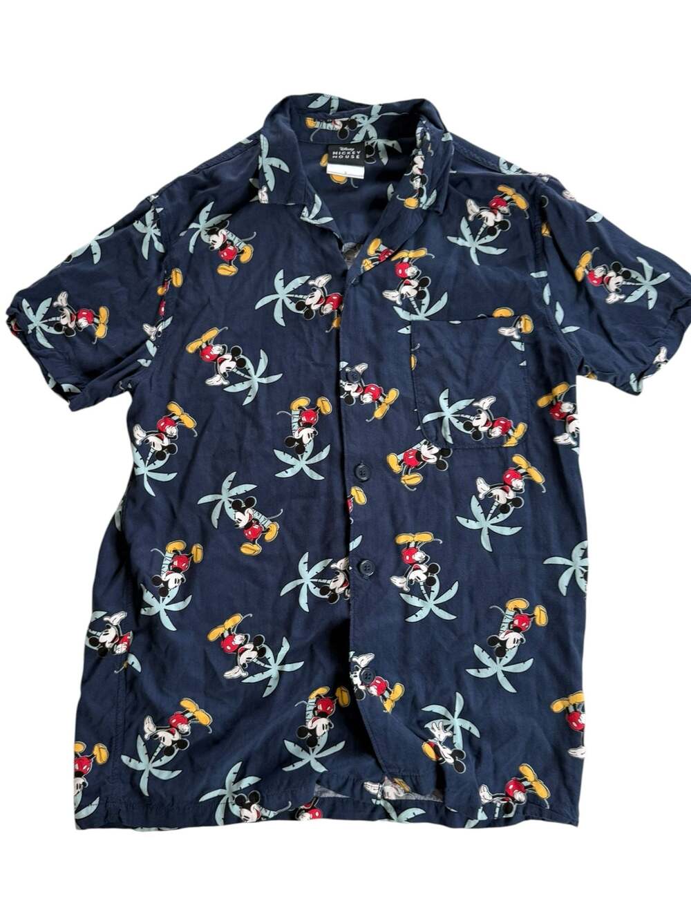 Disney Mickey Mouse Palm Tree Print Short Sleeve Button Down Shirt Size S